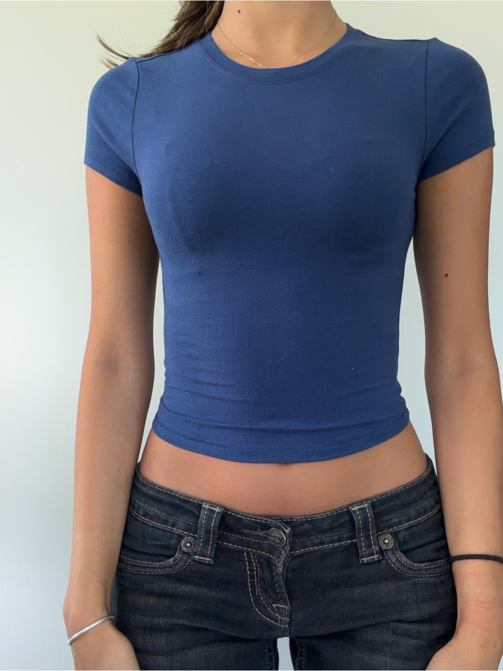 Garage Fitted Crewneck Crop Top in Navy Blue